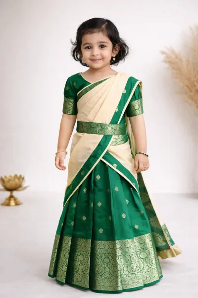 Green Biege Half Saree or Dhavani for Little Princess HF022